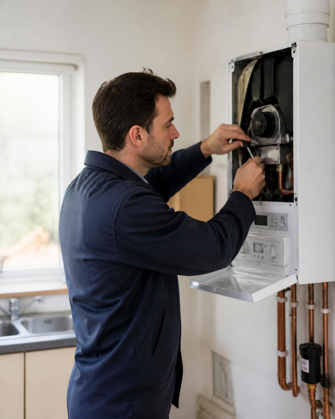 Heating engineer servicing a boiler in a homeowner's property